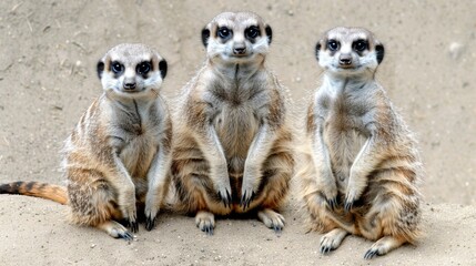 Poster -  a group of three meerkats sitting next to each other on top of a sandy ground in front of a wall.