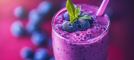 Wall Mural - Selective focus blueberry smoothie  detox diet and healthy vegetarian eating concept