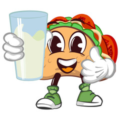 Wall Mural - cute taco mascot character emoticon carrying a glass of water while giving a thumbs up, cute taco mascot