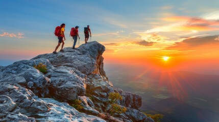 Wall Mural - Summer mountain hike with a group of adventurous people at sunset trekking journey.