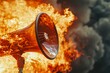 Intense Fiery Flame Bursting From Megaphone, Symbolizing Hot News, Urgent Announcement, or Powerful Communication on Dark Background