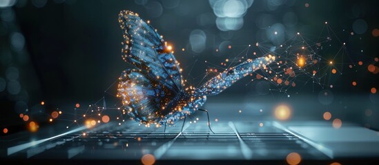 Wall Mural - Polygonal abstract digital butterfly flies out from laptop display