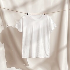 Wall Mural - A minimalist image of the white T-shirt template hanging on a clothesline against a plain backdrop, allowing the focus to be on the garment's clean design. Generative AI