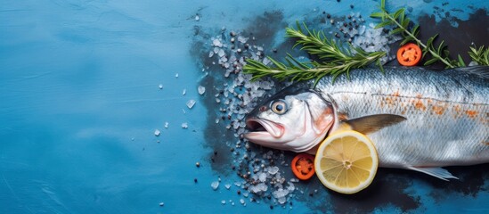 Canvas Print - A rayfinned fish displayed with lemon slices, rosemary, tomatoes, and salt on a blue background, evoking a marine biology theme. Perfect for a fish recipe or seafood recreation underwater