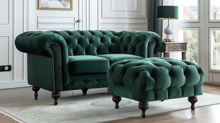 Sticker - This image showcases a luxurious green velvet armchair paired with a matching ottoman.
