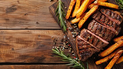 Wall Mural - Top view of traditional steak and french fries on wooden table with space for text