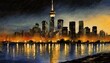An abstract digital collage of a warmly lit city skyline at night,