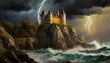 A majestic castle on a cliff overlooking a stormy sea, with waves crashing against the rock
