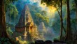 An ancient city hidden in a lush rainforest, with intricate temples and towering trees