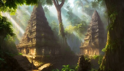 Wall Mural - An ancient city hidden in a lush rainforest, with intricate temples and towering trees