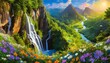 A majestic waterfall cascading down a lush green mountainside, surrounded by vibrant 