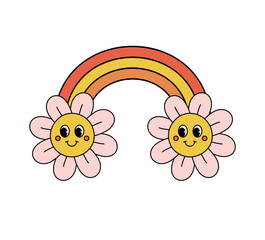 Poster - Vector groovy retro cartoon rainbow with flowers isolated on white background