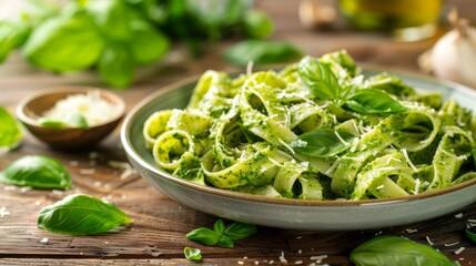 Wall Mural - Tagliatelle pasta with pesto and parmesan on wooden table in modern restaurant, dinner menu concept