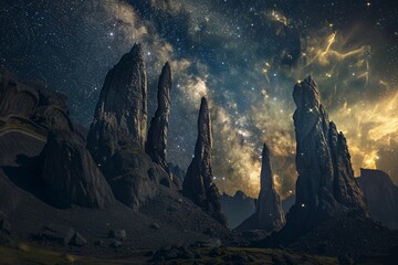 Poster - Starry sky, Milky Way galaxy in the background, starry night sky, alien landscape with rock formations, scifi fantasy photography