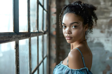 portrait of a beautiful young woman indoors near the window