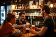 Men enjoying beers, socializing at bar.