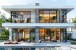 A contemporary building with a pool in front, featuring large windows, sleek design, and lush plants. This modern real estate boasts a stylish facade and highquality building materials