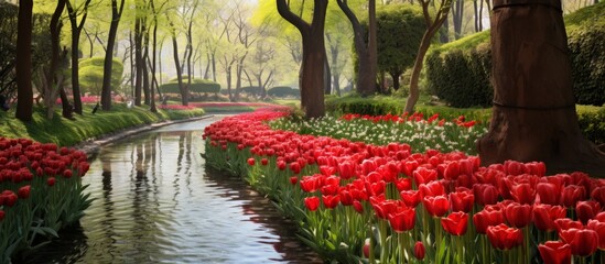 Wall Mural - A stream flows through a park adorned with red flowers, creating a beautiful natural landscape with vibrant petals and lush greenery