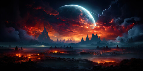 Wall Mural - A planet with a double sun illuminating a double sunset, like a parallel reality in a cosmic