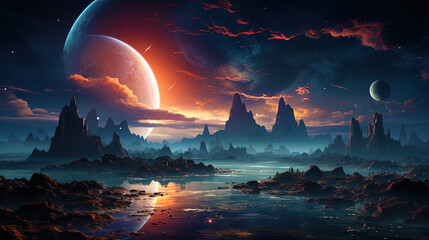 Wall Mural - a planet with torn deserts and oases of life, as if finding wanderers in their a
