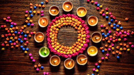 Wall Mural - A colorful candle arrangement with many candles lit.