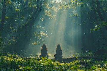 Wall Mural - a serene forest clearing, where one person dances freely in the sunlight, while another sits solemnl