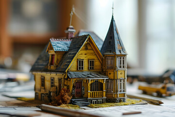 Wall Mural - wooden model of a residential building on a table with drawings. construction and architecture