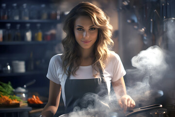 Wall Mural - young beautiful woman preparing food in the kitchen. cooking salad in the kitchen. Healthy eating, vegetarian food and dieting concept