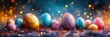 Festive easter eggs panorama with sparkling background