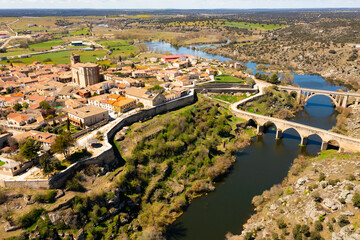 Wall Mural - Aerial view of town of Ledesma and Tormes river in province of Salamanca, western Spain