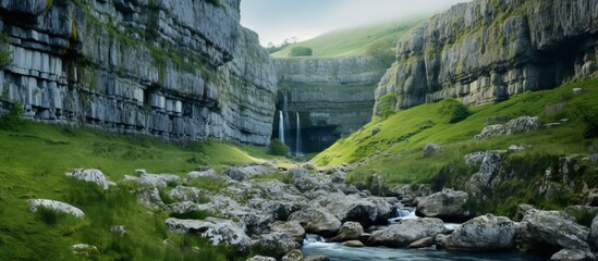 Poster - A river flows through a valley surrounded by two majestic mountains, with lush green grass and trees lining its banks, creating a beautiful natural landscape