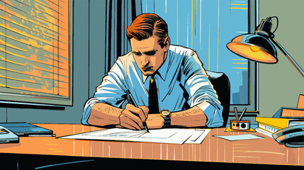 Dedicated businessman man pop art style intensely focused on work at his desk in a late evening office. Generative ai fictional character vector illustration.