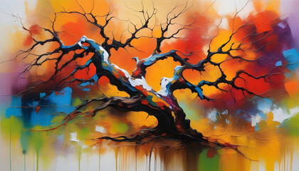Wall Mural - An abstract painting of a dead tree on rocks with bold, bright colors against a white background.
