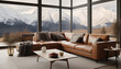 Modern living room interior with large windows and mountain views 3D rendering