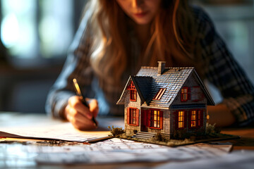 Wall Mural - development of a plan for the design and construction of a model of a residential building on a table with drawings. construction and architecture