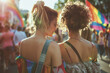 Lesbian couple at gay pride parade, two women loving and in love strolling through crowded street in lgbt celebration