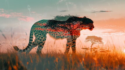 Wall Mural - Double exposure cheetah on savannah background 