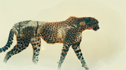 Canvas Print - Double exposure cheetah on savannah background 