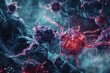 Cancer cells in a vibrant microscopic view - Picturing deadly cancer cells with detailed structures in a mesmerizing microscopic view highlighting the threat and research focus