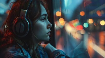 Poster - Girl in headphones looking out the window in the subway with blur background