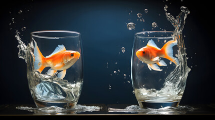 Wall Mural - Goldfish splashing in a bowl of water. water world. fauna and biology. concept of achieving goal and freedom