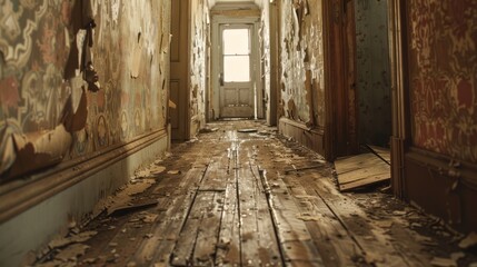 Sticker - narrow wooden hallway with cracked broken dirty wooden floor and dirty peeling wallpaper