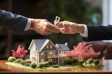 Wall Mural - hand with keys against the background of a model of a residential building. real estate design and purchase