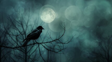 Wall Mural - Raven in night full moon standing on a branch