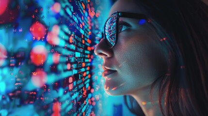 Wall Mural - Programmer Glasses woman with code analytics hologram