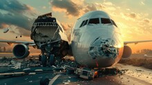 Boeing plane wreckage on a highway - An awe-inspiring image showing a large Boeing airplane with its nose shattered, sprawled across a deserted highway at sunset