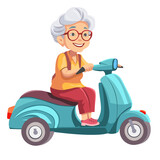 Fototapeta Boho - An old gray-haired smiling grandmother rides a green scooter.