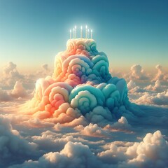 Wall Mural - Lightly colored cloud sculpted into the shape of a brithday cake in the clear blue sky, beautiful light 