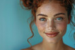 Close up fashion portrait of beautiful woman redhead with freckles