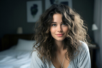 Wall Mural - portrait of a beautiful young woman with luxuriant hair in the room. female beauty and health in youth